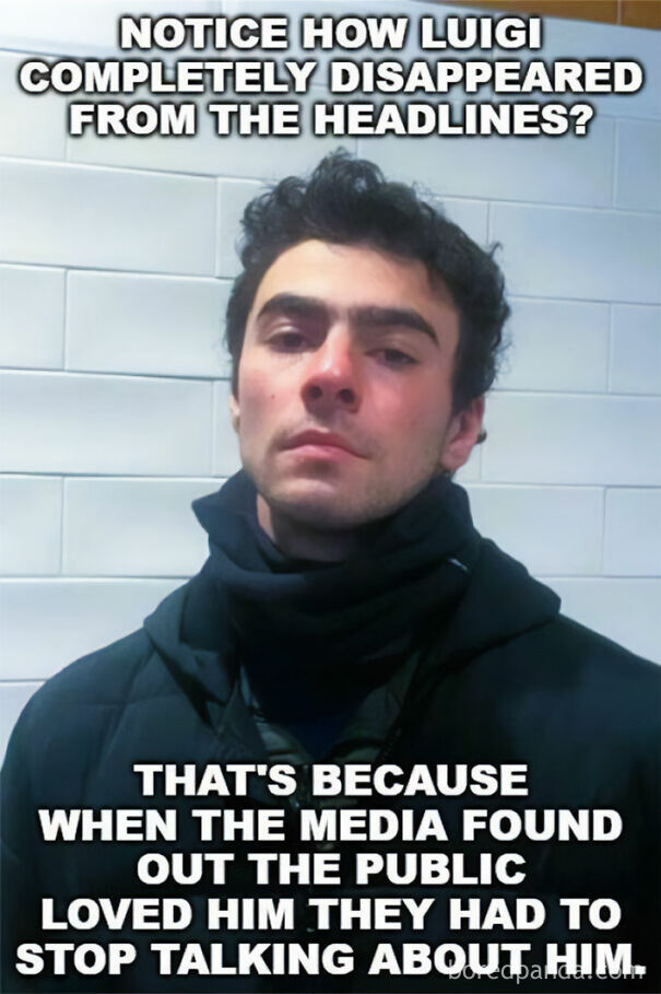 Young man with curly hair wearing a dark jacket and scarf, with overlaid text criticizing capitalism and media coverage.