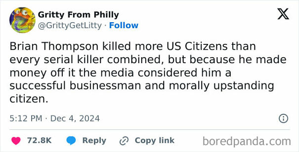 Tweet from Gritty From Philly criticizing capitalism, highlighting media bias favoring businessmen who profit morally questionable acts.