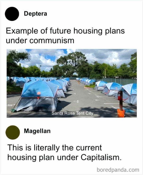 Image showing a comparison of future housing plans under communism versus current housing under capitalism with tents in a parking lot.