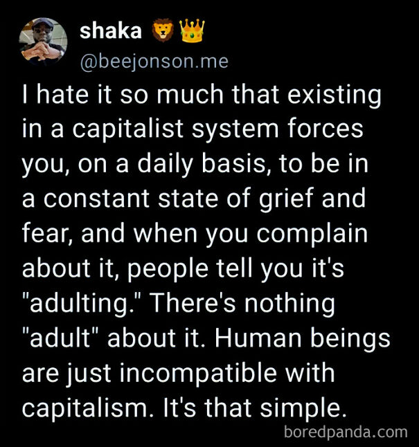 Tweet expressing strong dislike for capitalism, describing daily grief and fear caused by the capitalist system.