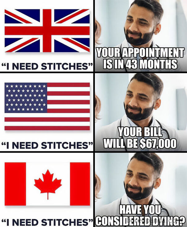 Collage showing UK, US, and Canadian flags with doctors and captions highlighting criticism of capitalism in healthcare costs.