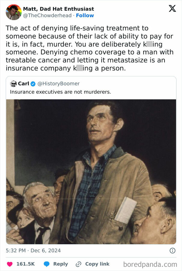 Tweet discussing denial of life-saving treatment due to capitalism, with a painting of a determined man speaking to a crowd.