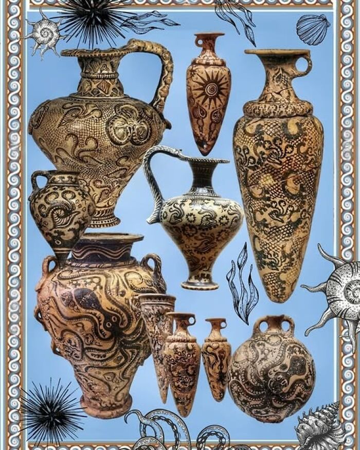 Collection of ancient decorated pottery vessels showcasing archeology and art with intricate designs on a blue background.