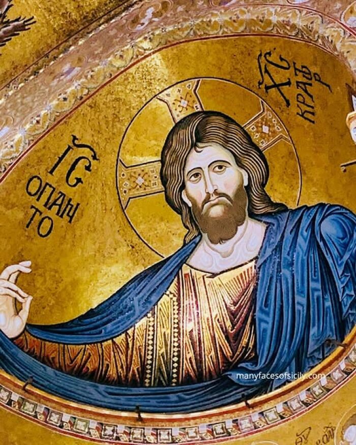 Byzantine religious art depicting Jesus Christ in a detailed archeological fresco with gold and blue tones.
