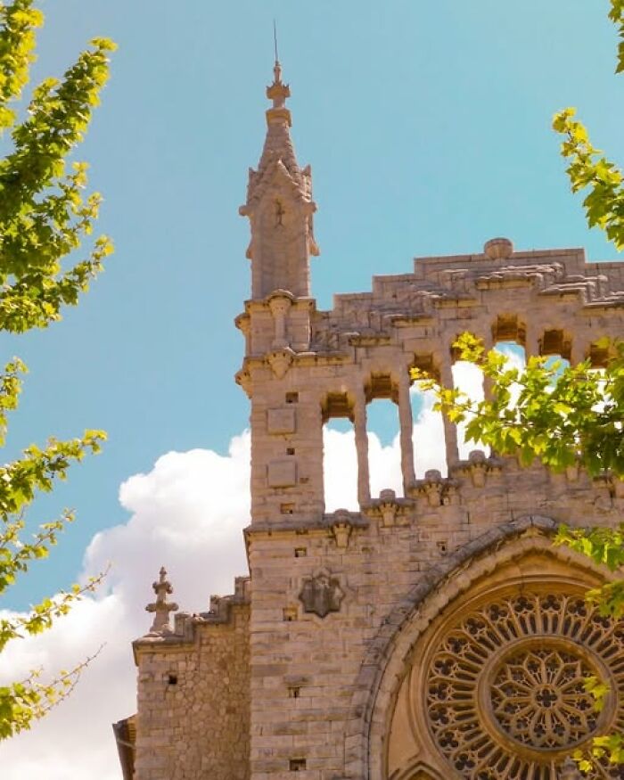 Ancient stone architecture with intricate designs and a circular rose window, framed by green leaves and blue sky.