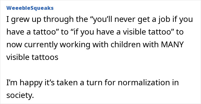 Commenter reflects on changing tattoo perceptions, noting many visible tattoos now accepted while advising to save money amid tattoo boom cooling.