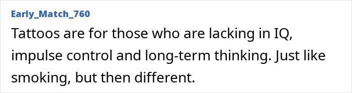 Screenshot of a comment criticizing tattoos, shared amid discussions about the tattoo boom cooling off in 2025.