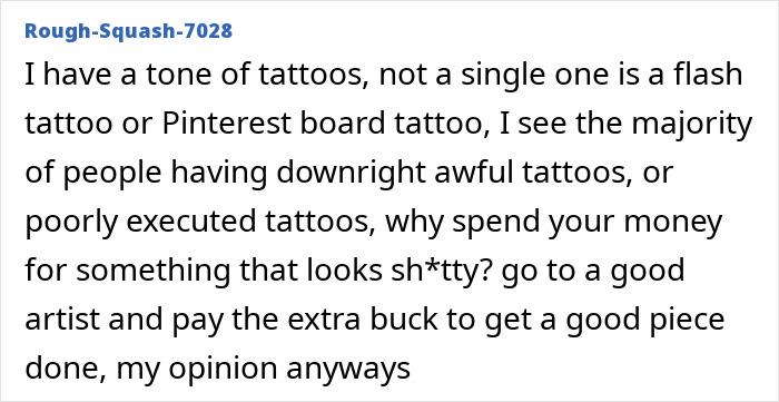 User comment discussing the value of saving money for quality tattoos amid the potential tattoo boom cooling off in 2025.