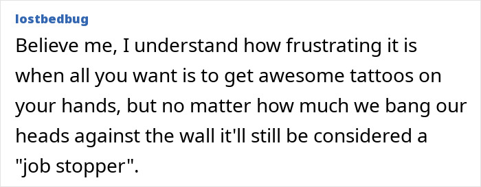 Text post about frustration of wanting tattoos on hands but facing job-related obstacles during tattoo boom cooling off in 2025.