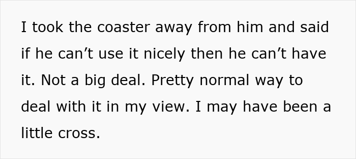 Text excerpt showing a mom explaining disciplining a toddler after taking a coaster away, highlighting parenting conflict. Text excerpt showing a mom explaining disciplining a toddler after taking a coaster away, highlighting parenting conflict.