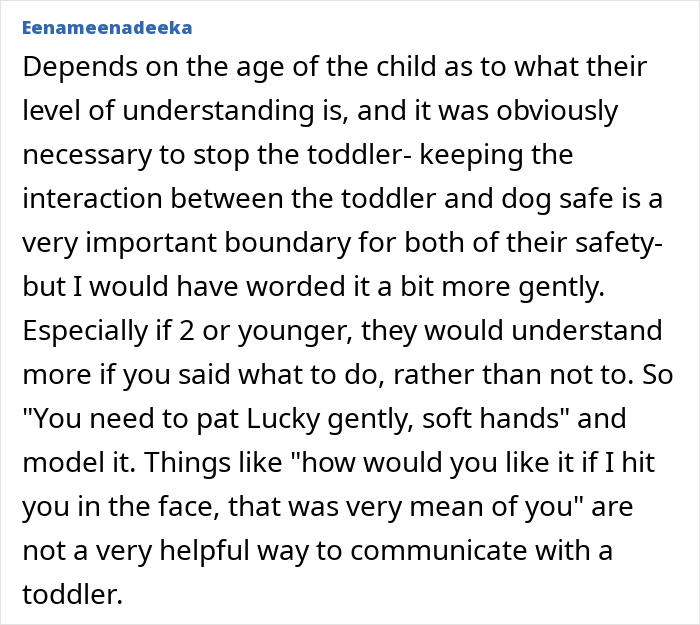 Comment discussing toddler discipline and the importance of gentle parenting and clear boundaries with children and pets. Comment discussing toddler discipline and the importance of gentle parenting and clear boundaries with children and pets.