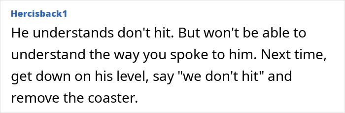 Text comment advising to get down to toddler’s level and say we don’t hit, related to disciplining toddler and parenting. Text comment advising to get down to toddler’s level and say we don’t hit, related to disciplining toddler and parenting.
