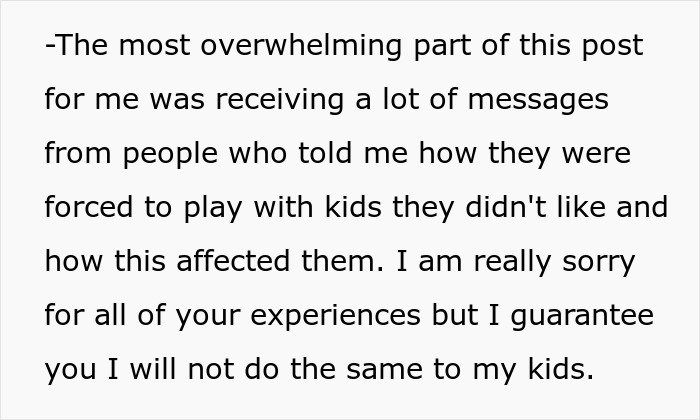 Text excerpt about not treating brother's girlfriend's kids like own, highlighting challenges with kids and personal boundaries.