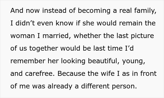 Emotional text about a man struggling with his wife's cancer diagnosis and the impact on their family plans.