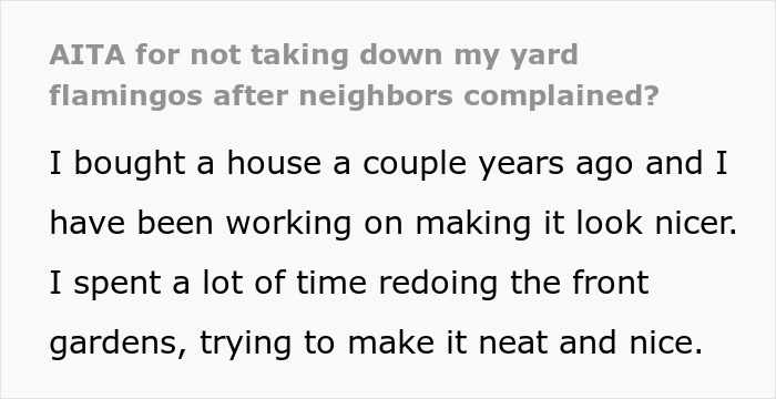 Text excerpt about yard flamingos and neighbor complaints in a Facebook campaign involving pink flamingos in a residential area.