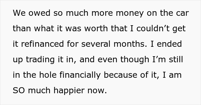 Text excerpt from a woman selling everything for a cross-country move, sharing financial struggles and personal happiness.