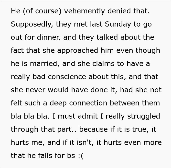 Text excerpt showing a woman explaining her husband's denial after being hit on, highlighting relationship struggles.