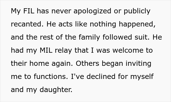 Text about FIL never apologizing or recanting, and family inviting the narrator despite the missing iPad accusation.