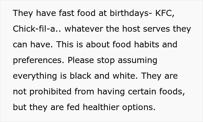 Text excerpt discussing fast food at birthdays and food habits, highlighting refusal to leave kids with MIL feeding fast food.