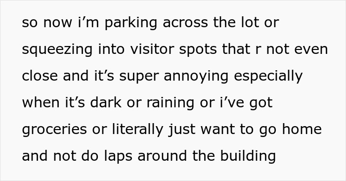 Text describing frustration over an entitled lady parking in a friendly neighbor's spot and causing annoyance. Text describing frustration over an entitled lady parking in a friendly neighbor's spot and causing annoyance.