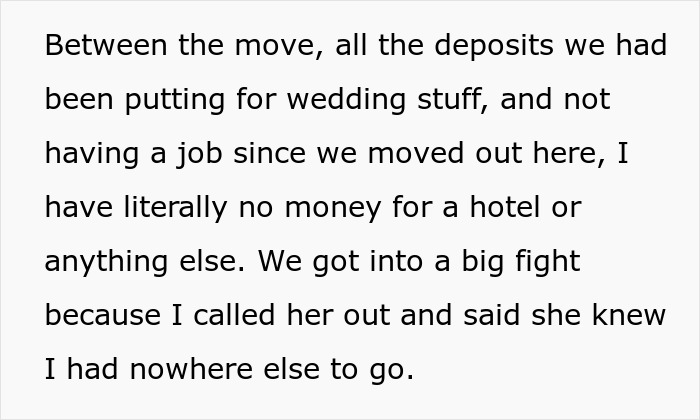 Text excerpt describing financial struggles and conflict after moving, relating to ex-fiance Valentine Day apartment situation.