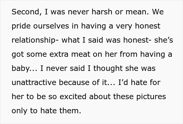 Text about a guy refusing a spicy photoshoot due to wife's 12 extra pounds after pregnancy, emphasizing honesty in their relationship. Text about a guy refusing a spicy photoshoot due to wife's 12 extra pounds after pregnancy, emphasizing honesty in their relationship.