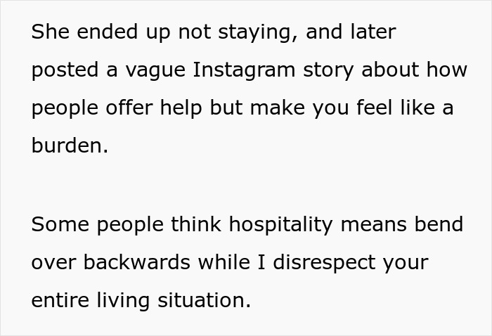 Text excerpt about feelings after asking roommates to leave, discussing hospitality and respect in living situations.