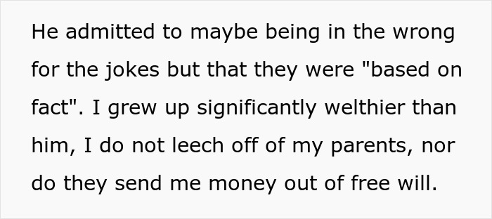Text excerpt showing a man admitting fault but defending jokes that undermine his wife&rsquo;s job in a tense discussion.
