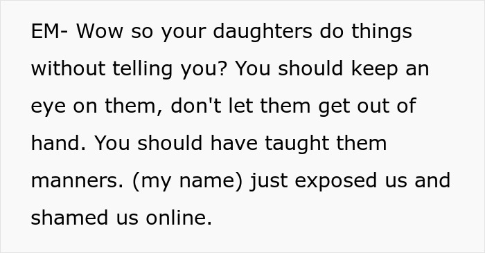 Text message conversation discussing daughters' behavior and being shamed online during a girl’s 11th birthday event. Text message conversation discussing daughters' behavior and being shamed online during a girl’s 11th birthday event.