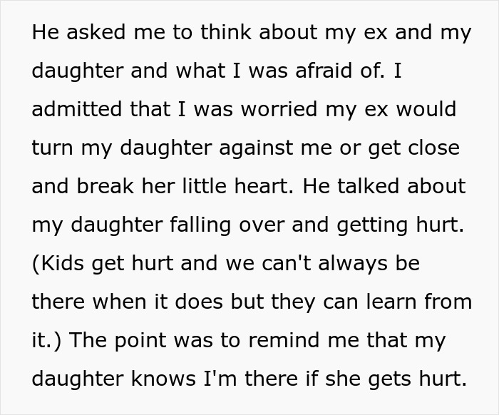 Text excerpt about a man raising his daughter alone, worried about his ex and learning forgiveness and protection.