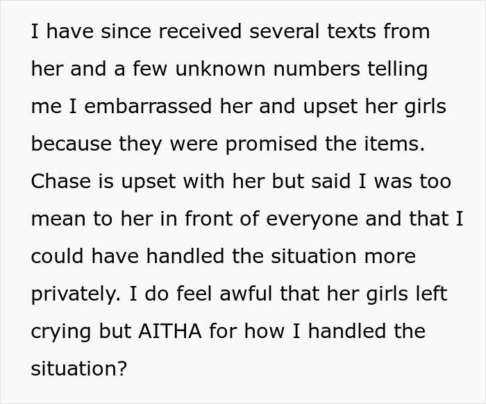 Text discussing upset feelings after demanding to check brother’s girlfriend’s bags before they leave the house in a family conflict. Text discussing upset feelings after demanding to check brother’s girlfriend’s bags before they leave the house in a family conflict.