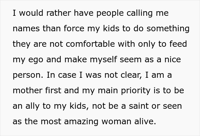 Text expressing a mother prioritizing her own kids over treating her brother's girlfriend's kids the same way.