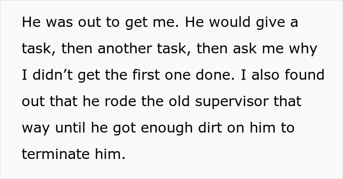 Image showing text about a manager creating a hostile workplace by assigning tasks unfairly and sabotaging supervisors.