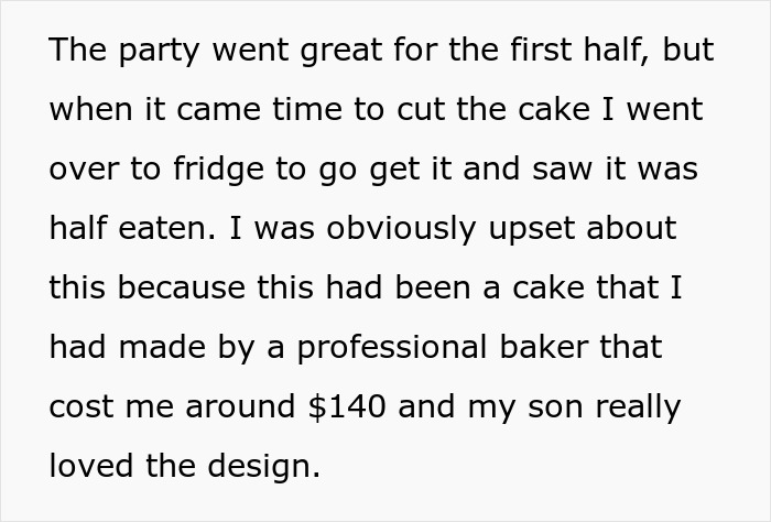 Text excerpt about a ruined birthday cake leading to a lady excluding her nephew, sparking fatphobic accusations.