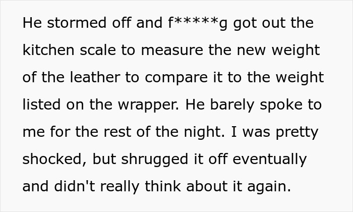 Text excerpt showing a boyfriend using a kitchen scale to measure weight, highlighting secret scale and relationship doubt. Text excerpt showing a boyfriend using a kitchen scale to measure weight, highlighting secret scale and relationship doubt.