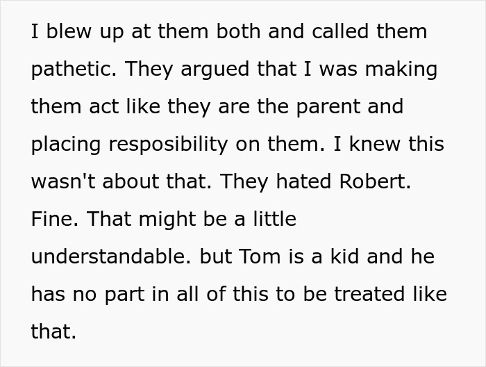 Text discussing a mom blowing up at daughters and calling them pathetic for treatment of their half-brother.