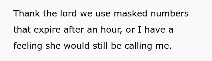 Text saying thank the lord for masked numbers that expire after an hour to avoid ongoing calls from Grocery Karen.