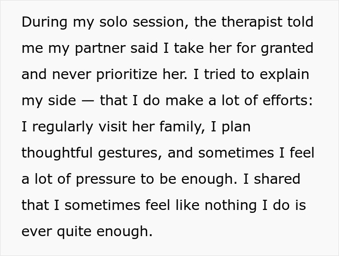 Person sharing relationship struggles during solo therapy session, feeling pressured and misunderstood by their therapist.