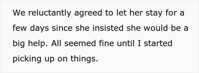 Text excerpt describing a new mom reluctantly allowing her mother-in-law to stay, sensing tension as she notices issues. Text excerpt describing a new mom reluctantly allowing her mother-in-law to stay, sensing tension as she notices issues.