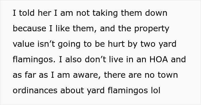 Text excerpt about yard flamingos and property value, related to a Facebook campaign and neighbor&rsquo;s pink flamingos dispute.