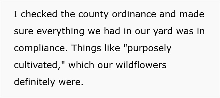 Text excerpt from couple explaining yard compliance with county rules about cultivated wildflowers in overgrown weeds.