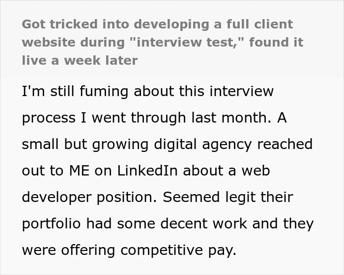 Person realizes they got tricked during an interview task when the project they worked on is found live online. Person realizes they got tricked during an interview task when the project they worked on is found live online.