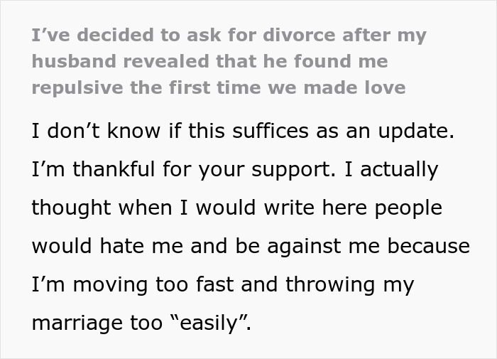 Text post showing a woman sharing she asked for divorce after husband found her repulsive on first date and feels hurt.