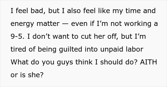 Text post about feeling conflicted over asking to be paid for babysitting niece and nephew, facing guilt and unpaid labor.