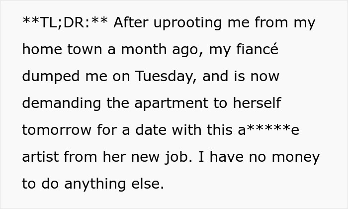 Text message describing a fianc&eacute; dumping narrator and demanding an apartment for a Valentine day date.