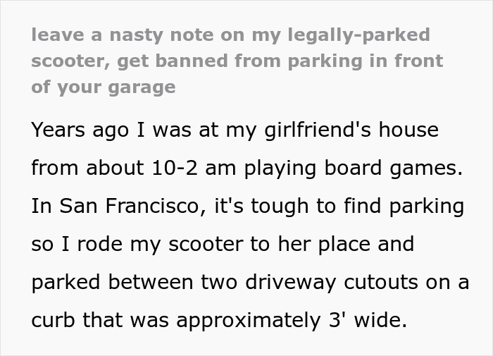 Resident leaves a nasty note on guest’s scooter, leading to reports of their own parking violations in San Francisco. Resident leaves a nasty note on guest’s scooter, leading to reports of their own parking violations in San Francisco.