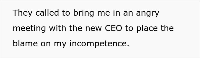 Text on white background stating an angry meeting at a medical facility after a worker follows new policy causing disaster.