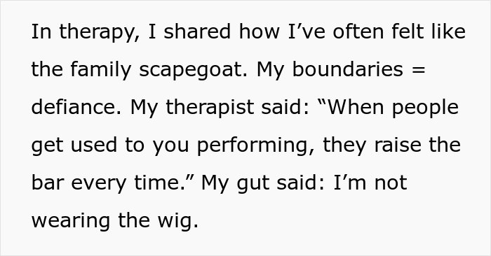 Text excerpt showing a woman in therapy discussing boundaries and refusing to wear a wig at brother's wedding. Text excerpt showing a woman in therapy discussing boundaries and refusing to wear a wig at brother's wedding.