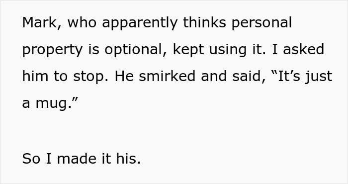Text describing a man&rsquo;s coworker repeatedly stealing his Hawaii mug, leading him to serve cat-food-flavored coffee.