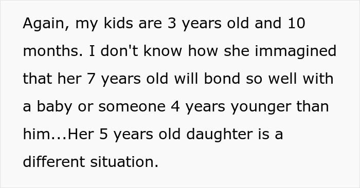 Text about young children&rsquo;s age differences and bonding challenges in family dynamics involving brother&rsquo;s girlfriend&rsquo;s kids.
